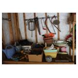 Lot on work bench - hand saws, plastic sheeting,