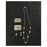 Antique shoe buckles and a necklace with earrings