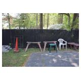 Lot - Metal plant holder, wood saw horses, safety