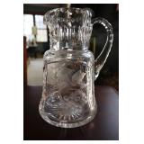 Cut and etched glass pitcher 10'