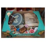 Box lot - craft beads, thread, doilies, linens