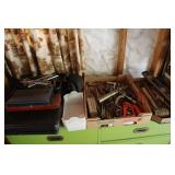 Lot on top of dresser - hand tools, roadside flare
