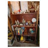 Wood bookshelf with contents - pig figurines,
