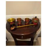 Russian wooden ware set including lidded bowl,