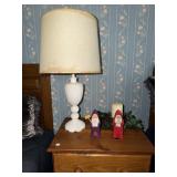 Mikglass hobnail table lamp, 2 handcarved