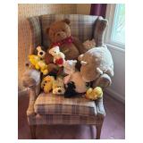 Clayton Marcus highback chair, stuffed animals,