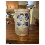 1.5 gal Stoneware crock with cobalt flower (has
