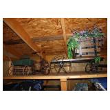2 decorative wagon planters and wicker tricycle