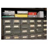 Metal parts bins with contents (rivet gun,