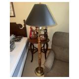 Wood and brass swivel arm floor lamp with shade