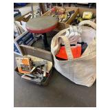 Rolling shop stool, canvas bag with tools