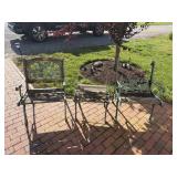 Wooden bench, 2 Cast iron chairs with floral backs
