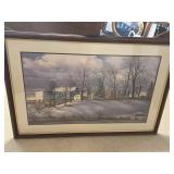 Framed farm scene with barn and house