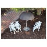 Cast iron frogs on bench/chair and umberlla