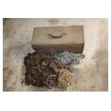 Lot - 5 tow chains and metal tool box with