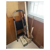 Lot including Cosco stool, umbrellas, yard sticks,