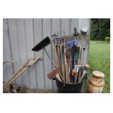 Lot - trash can with garden tools including