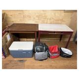 Oak mission style table, a porcelain top table