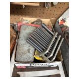 Box lot of tools - speedbor bits, pipe wrenches,