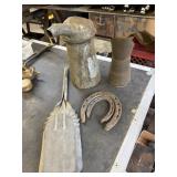 Lot including 2 horseshoes, oil can,