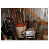 Corner barrel lot - shovels, wood garden tool