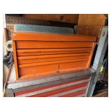 Orange toolbox with contents - hammer, tape