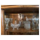 Shelf lot of clear glass including etched pitcher,
