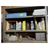 Contents of 3 shelves including pipe wrenches,