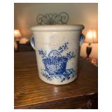 Rowe Pottery crock with cobalt blue basket