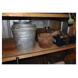 Lot - galvanized buckets, garden pins, and garden