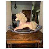 Wooden rocking horse for dolls & doll bench