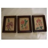 3 Flower pictures  in walnut frames 7"X 8 1/2"