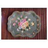 Green metal Toleware tray