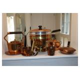 Lot - Copper tea pot, creamer & sugar set with