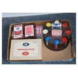 Box lot poker chips and playing cards
