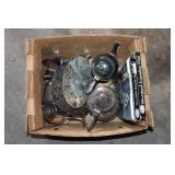 Box lot silverplate - Tea pots, trays, trivets,