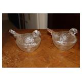 2 Clear Glass Hens on Nest