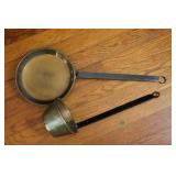 Long handled brass and iron fireplace pan and