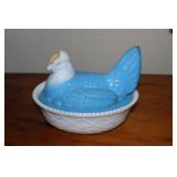 Westmoreland blue and white slag glass hen on