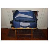 Wood luggage rack, Travelpro suit case, Atlantic