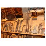Shelf Lot including Axe Head, Monkey Wrench, Oil