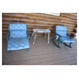 2 Wooden Outdoor Chairs One is a Rocking Chair