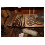 2 Shelf Lot including Hand Sickles, Push Drills,