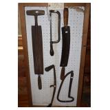 Lot including Tanners Fleshing Knives, Hack Saw,