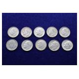 10 Roosevelt Dimes, Various Years, 90% Silver