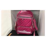 Pink backpack with wheels and travel handle