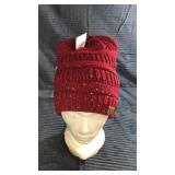 Red fleece lined ponytail hat