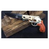 Gold w/wood handle pistol thumb assist knife
