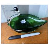 GREEN GLASS SWAN DISH