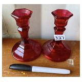RED GLASS CANDLE HOLDER PAIR